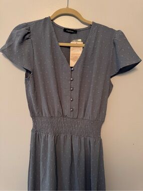 Short-Sleeve Smocked Waist Blue Midi Dress